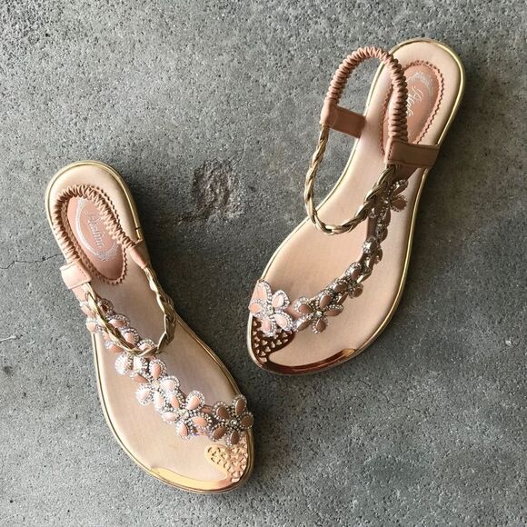 Restocked! Italina Peachy Tan Floral Rhinestone Gold Woven Flat Sandal - Picture 2 of 12